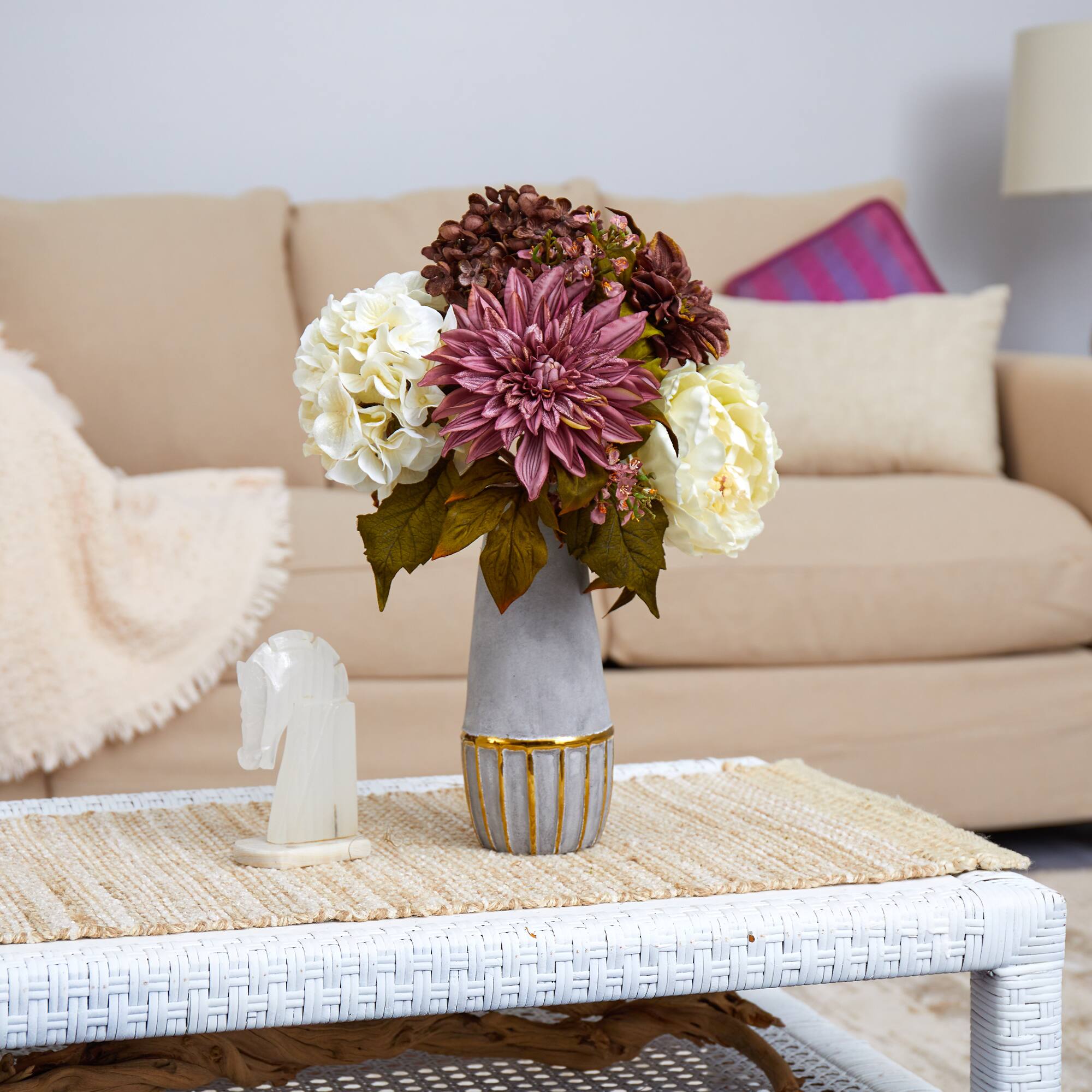 17" Peony, Hydrangea & Dahlia Arrangement in Gold Trimmed Stoneware Vase